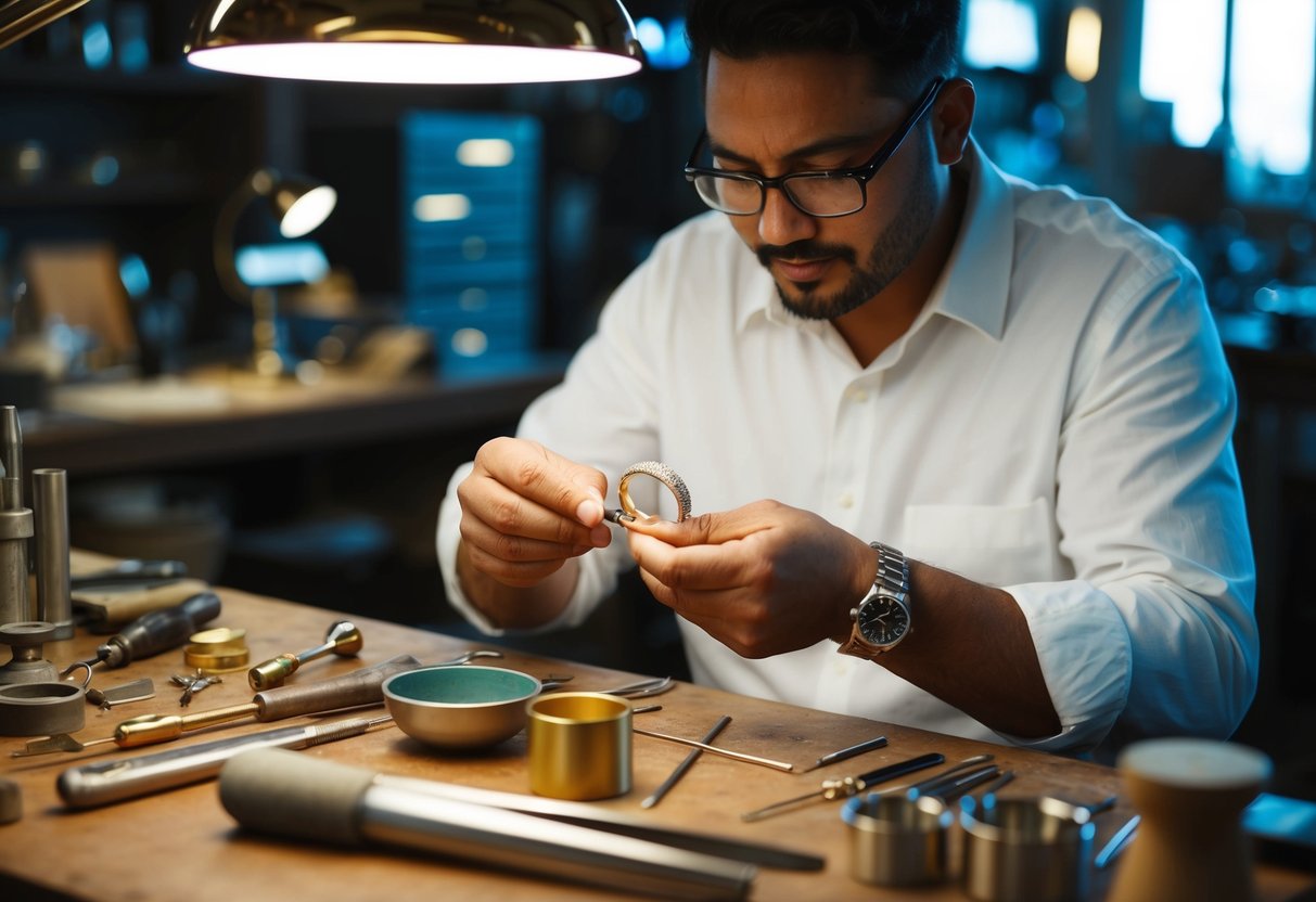 A jeweler meticulously crafting a wedding band, surrounded by tools and precious metals, under a bright light in a luxurious workshop