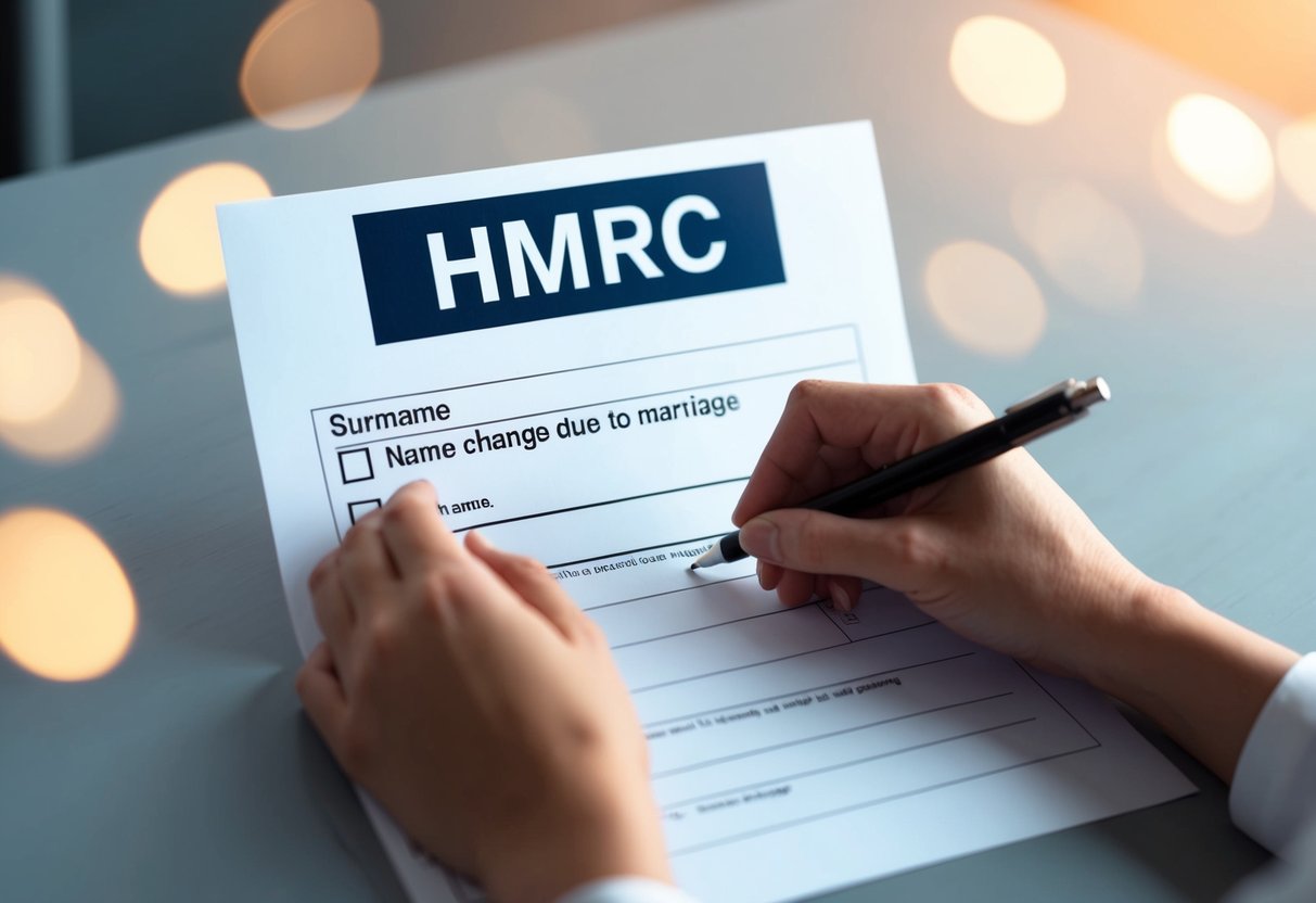 A person filling out a form with "HMRC" at the top, a blank space for surname, and a checkbox for "name change due to marriage."