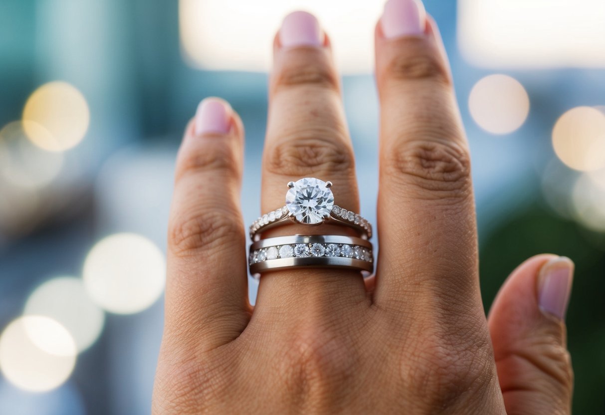 A hand holding both an engagement ring and a wedding band, with the wedding band placed on the finger above the engagement ring