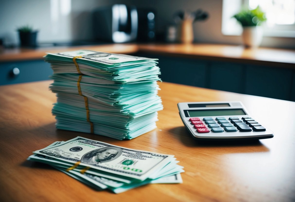 A stack of bills and a calculator on a kitchen table