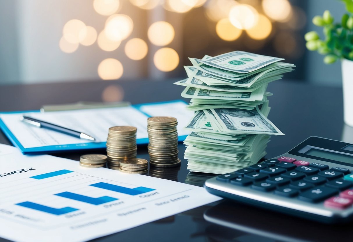 A stack of bills and coins on a table, alongside a calculator and paperwork. A budgeting spreadsheet and a chart showing different work allowances