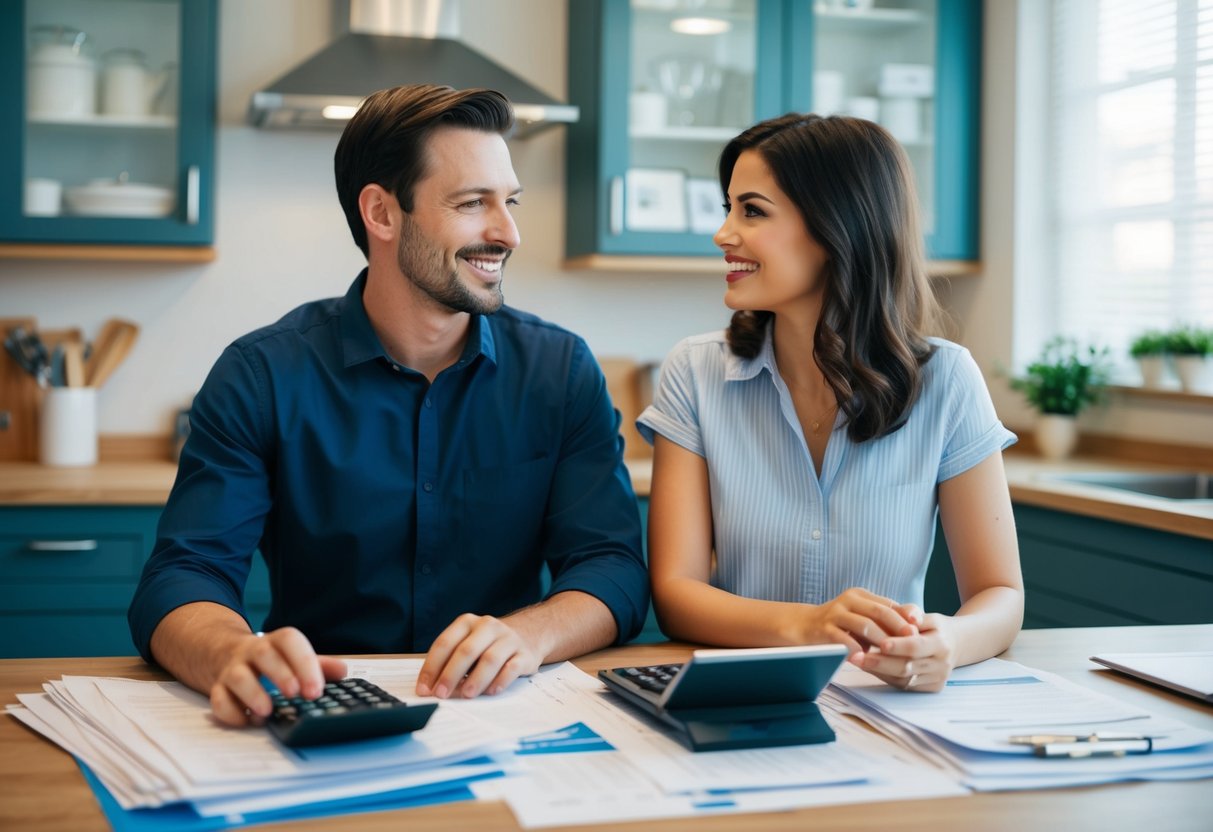 A married couple sitting at a kitchen table, surrounded by bills and paperwork. A calculator and budgeting spreadsheets are visible