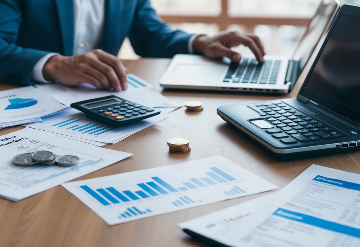 A couple's financial documents scattered on a table, with a calculator and a laptop open, showing changes in income and expenses