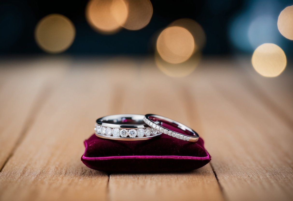 A wedding band sits next to a plain ring on a velvet cushion. The wedding band is adorned with diamonds, while the normal ring is simple and unadorned