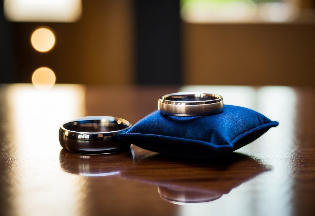 A wedding band placed on a cushion next to a regular ring, both reflecting light on a polished wooden surface