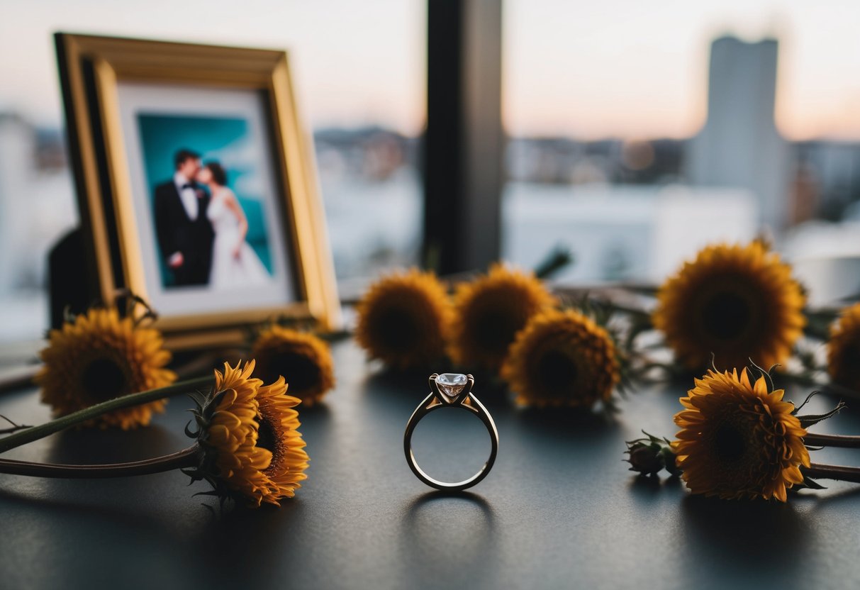 An empty wedding ring resting on a table, surrounded by wilted flowers and a framed photograph