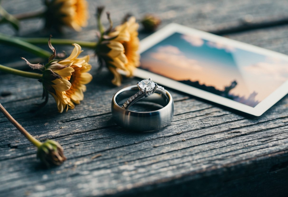 A wedding ring placed on a weathered wooden surface, surrounded by wilted flowers and a faded photograph
