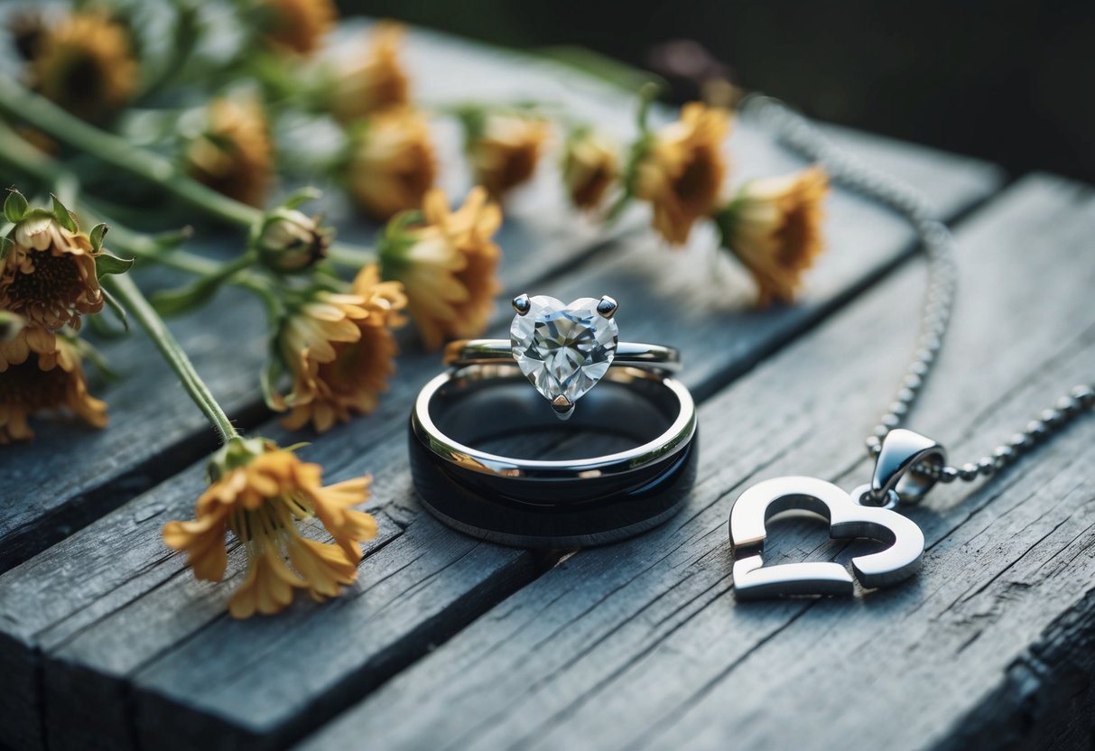 A wedding ring on a weathered wooden surface, surrounded by wilted flowers and a broken heart pendant