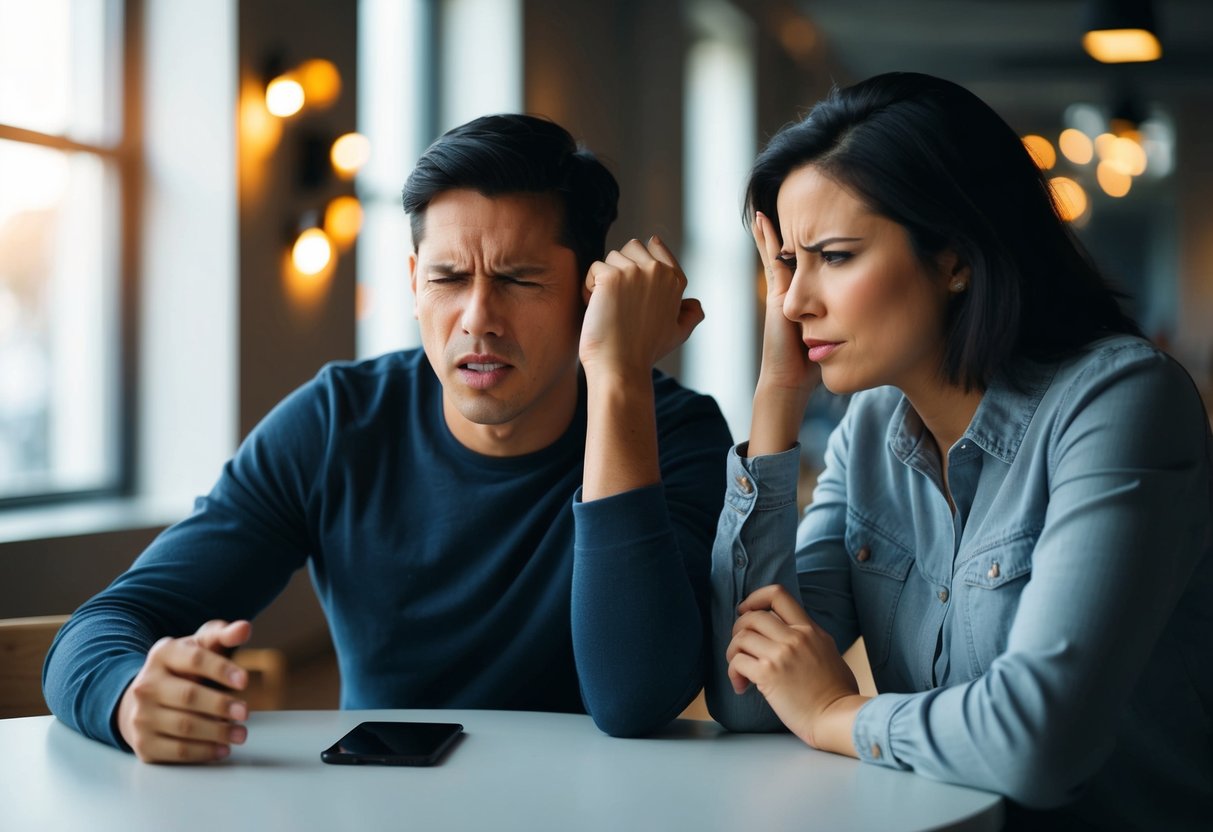 A couple sitting at a table, one looking frustrated while the other appears distant. The atmosphere feels tense, with body language indicating a strained relationship