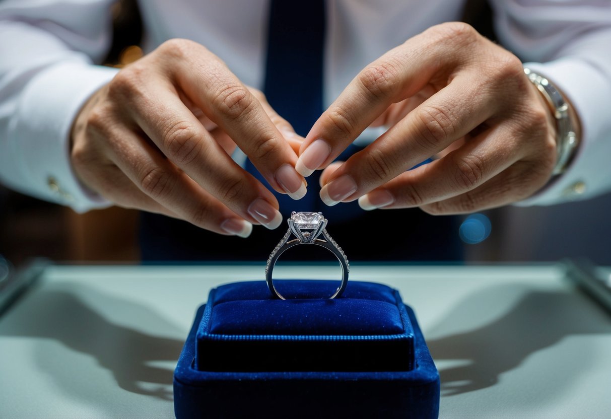 A jeweler carefully arranging three wedding rings on a velvet display, the third ring gleaming in the soft light