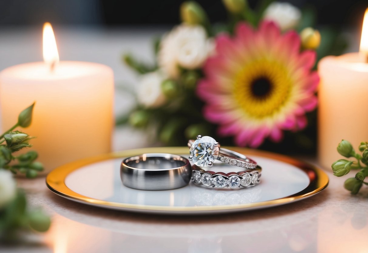 Two wedding rings on a table, one plain and one with diamonds, surrounded by flowers and candles