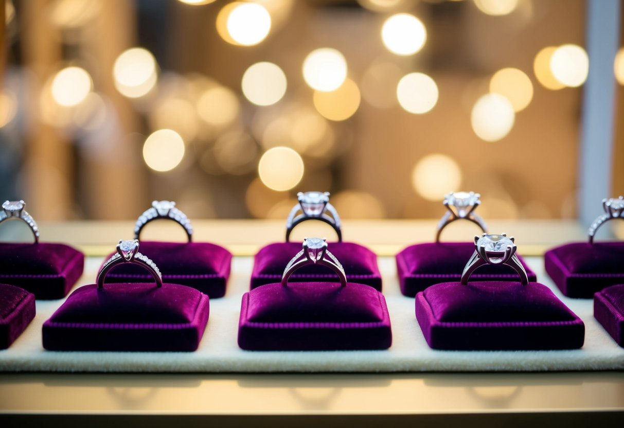 A collection of wedding rings displayed on a velvet cushion, each with unique designs and gemstones, in a softly lit jewelry store window