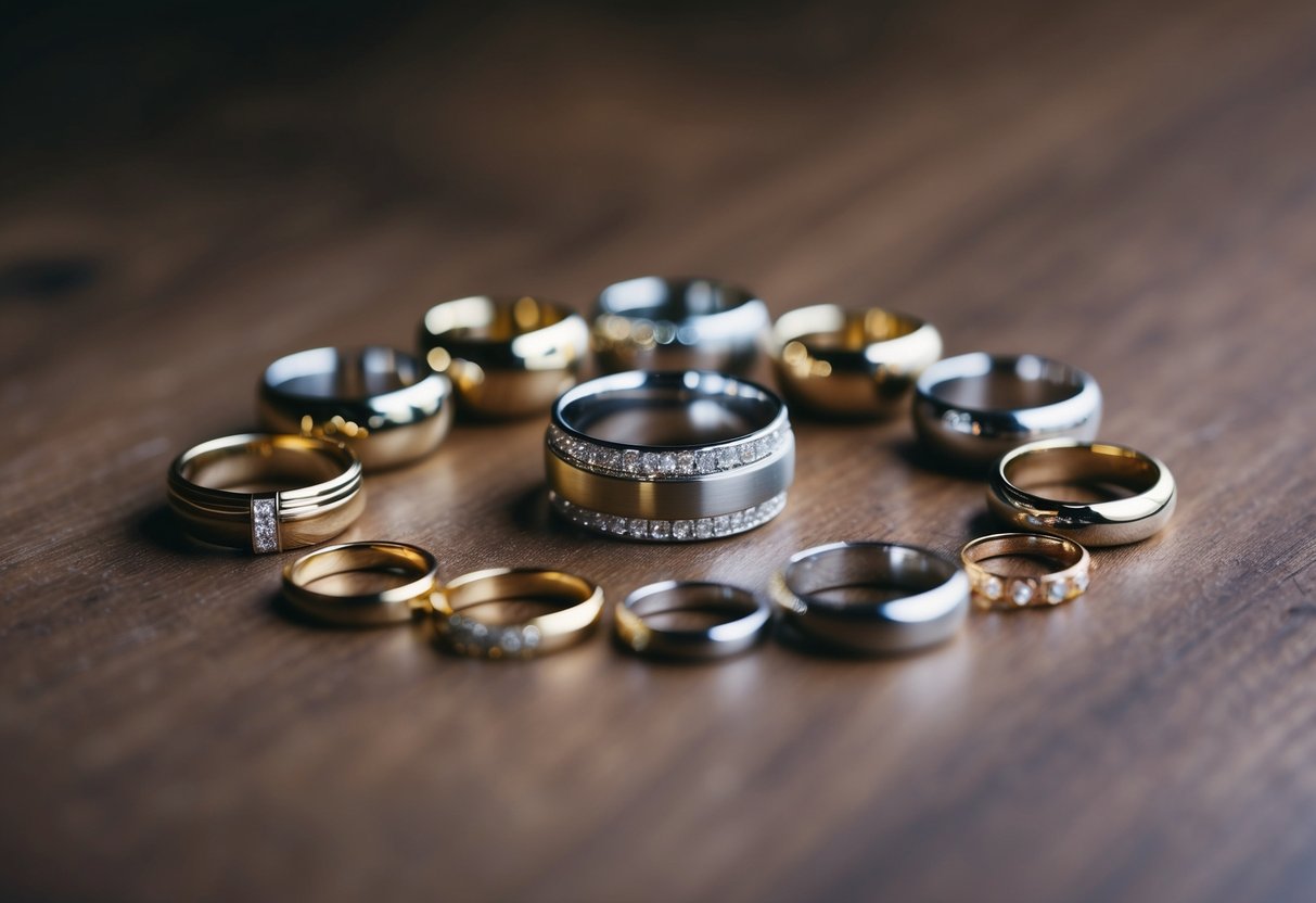A collection of wedding bands arranged in a circle, with a larger central band surrounded by smaller ones, symbolizing the celebration of milestones and the possibility of having multiple wedding rings