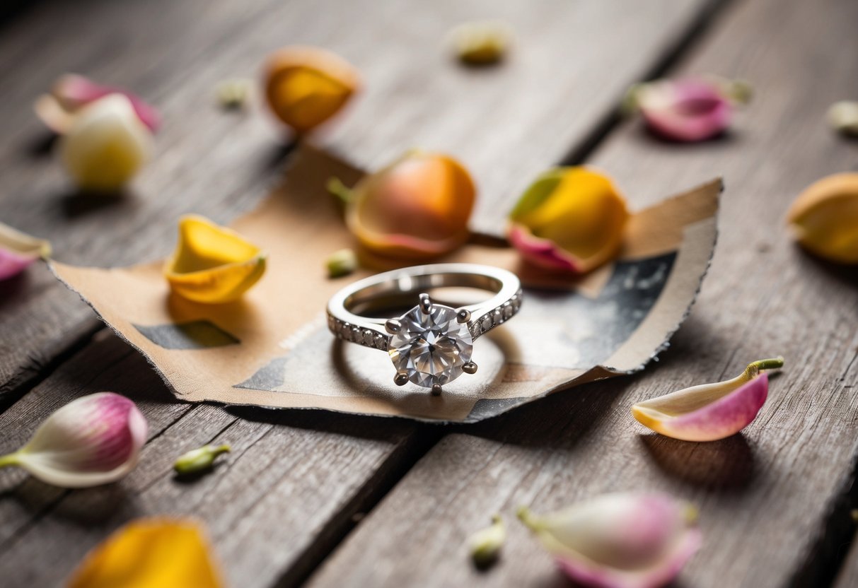 The engagement ring lies abandoned on a wooden surface, surrounded by scattered petals and a torn photograph
