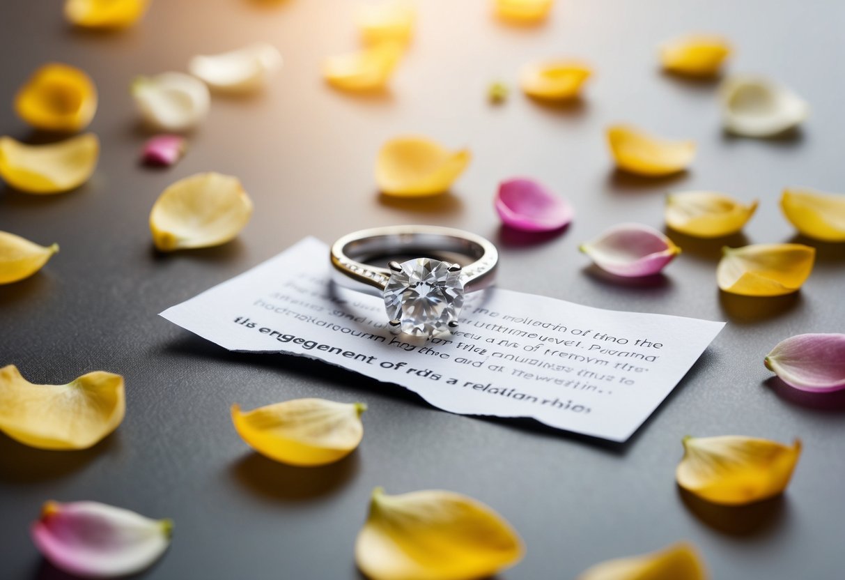 The engagement ring sits on a table, surrounded by scattered petals and a torn letter, symbolizing the end of a relationship