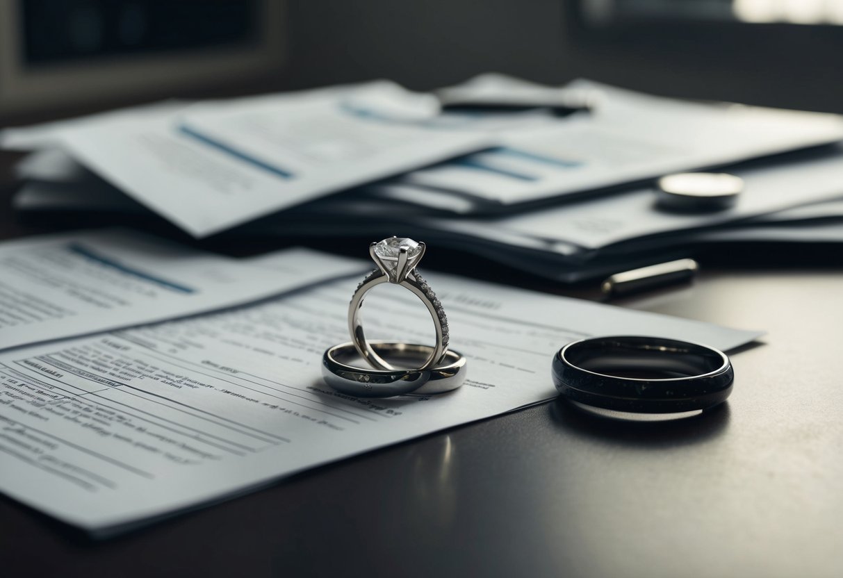 The engagement ring lies abandoned on a table, casting a shadow in the dimly lit room, as legal documents and financial paperwork are spread out in disarray