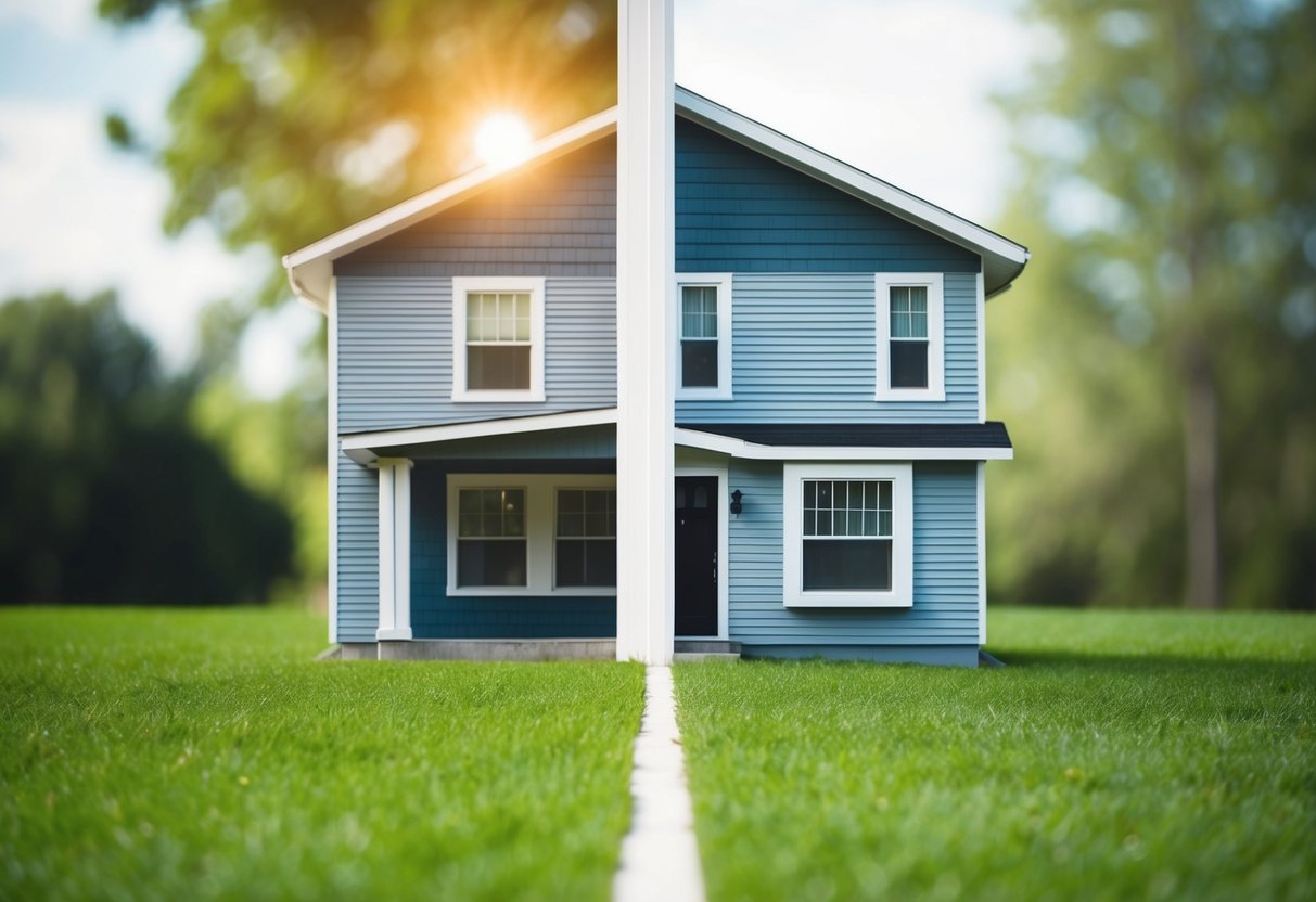 A house split in half, one side slightly larger, with a clear dividing line down the middle