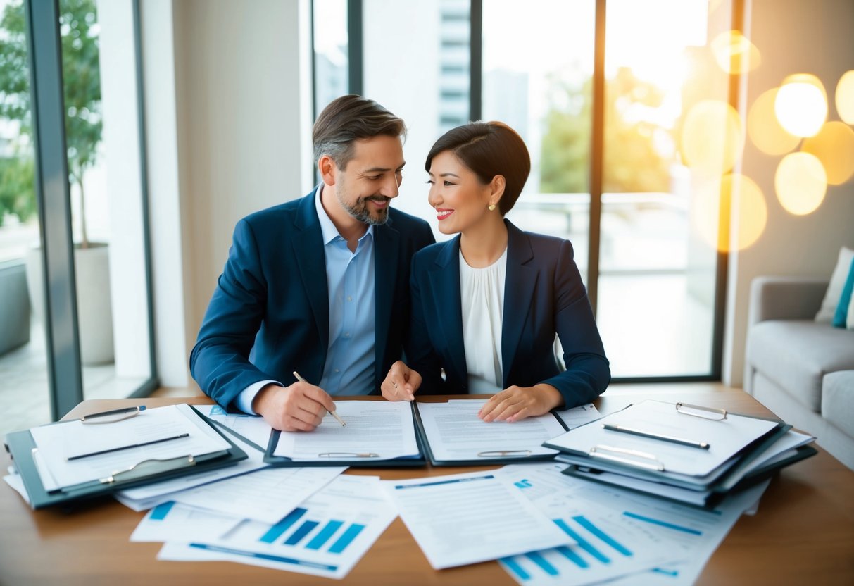 A married couple sitting together, surrounded by legal documents and financial statements, discussing their entitlements and benefits