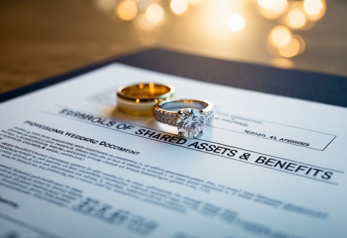 A wedding ring placed on top of a legal document, surrounded by symbols of shared assets and benefits