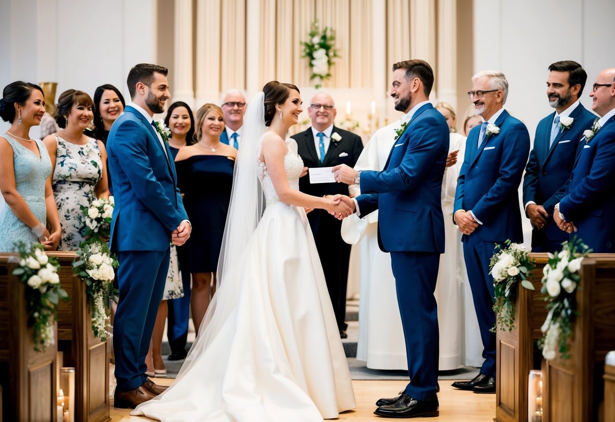 A bride and groom standing at the altar, surrounded by family and friends. A man is handing over a check to the couple, symbolizing financial support for the wedding