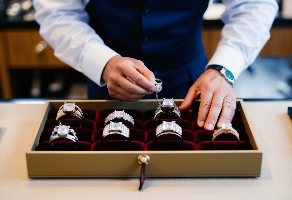 A jeweler carefully measures and inspects a selection of gleaming men's wedding rings displayed on a velvet-lined tray