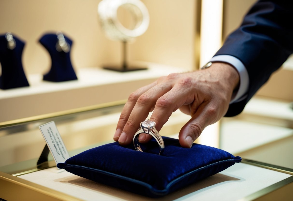 A man's hand reaches for a sleek wedding ring displayed on a velvet cushion in a well-lit jewelry store. The price tag is discreetly placed nearby