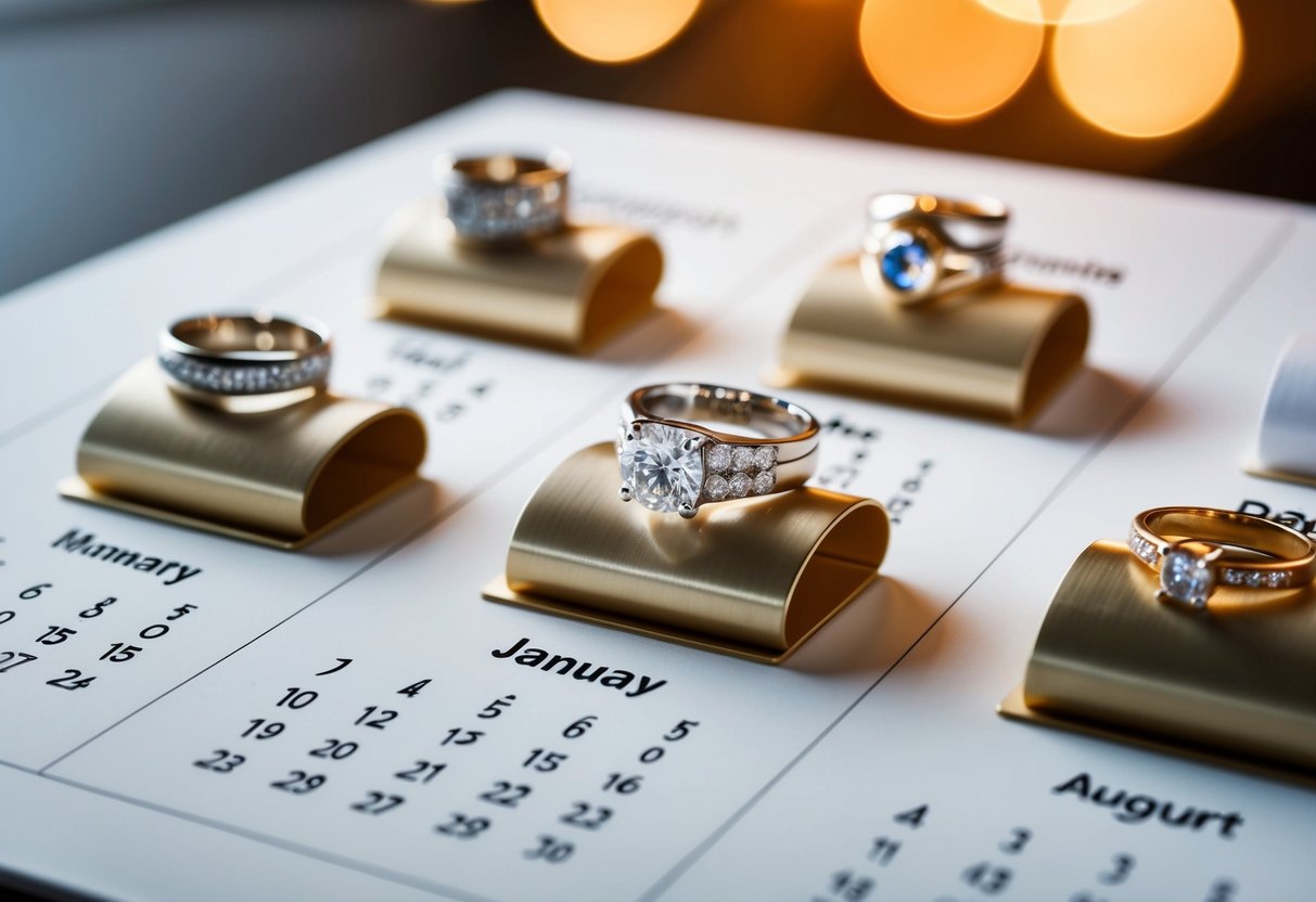 A calendar with wedding rings on each month