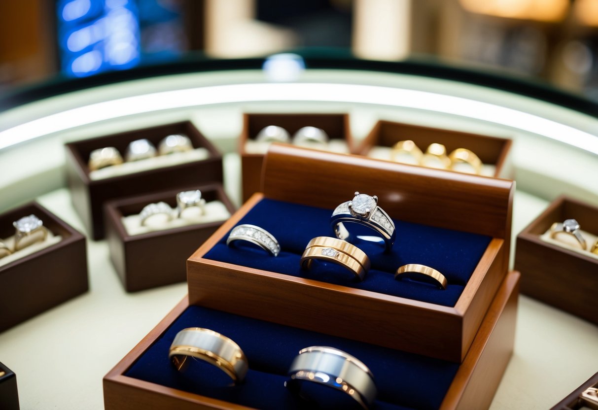 A jeweler's display of men's wedding rings in various materials and designs