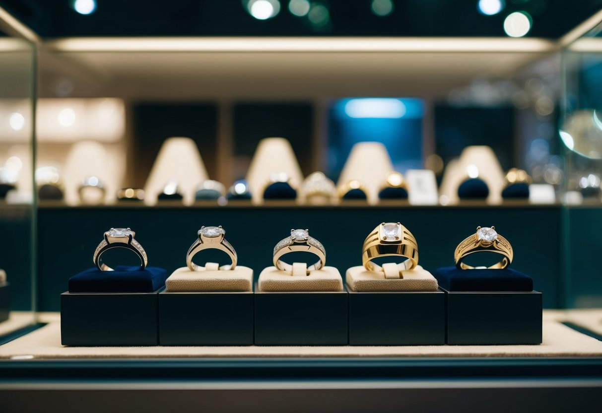 A jeweler's display with various men's wedding rings in different styles and price points