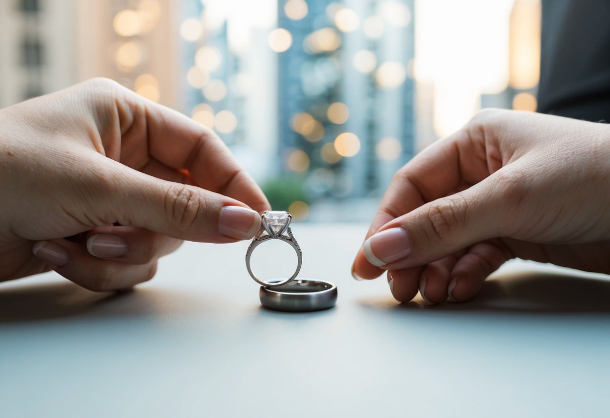 A hand holding an engagement ring next to a wedding band, both on a flat surface