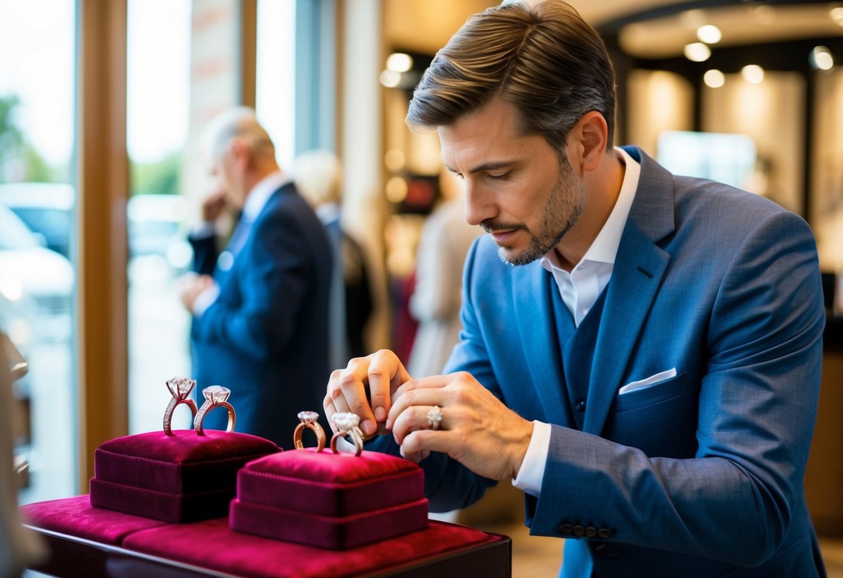 A man carefully examines a selection of wedding rings displayed on a velvet cushion in a jewelry store. The sparkling diamonds catch the light as he contemplates the perfect choice