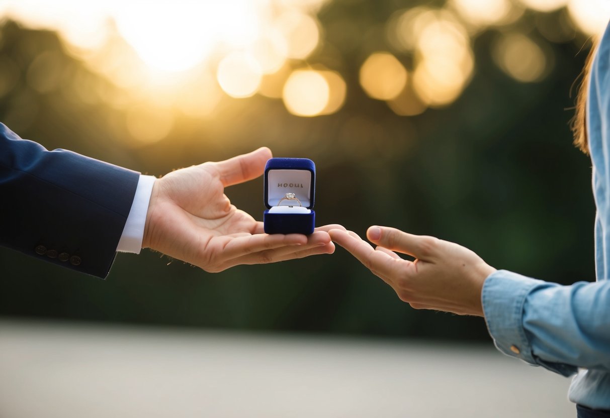 A man's hand holding out an engagement ring box towards a woman's hand