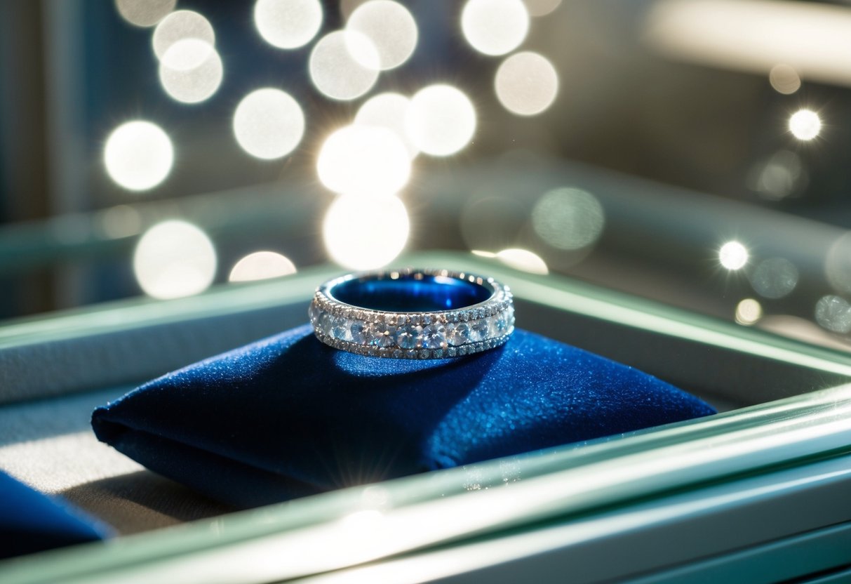 A sparkling wedding band rests on a velvet cushion in a jewelry store display. Sunlight catches the diamonds, casting shimmering reflections on the surrounding glass