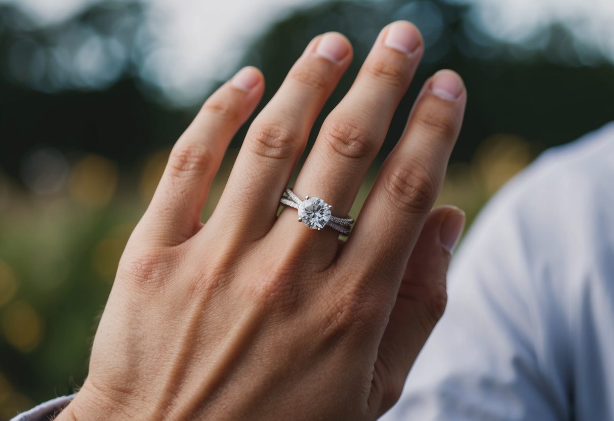 A male's hand holding a wedding ring, with the ring placed on the ring finger