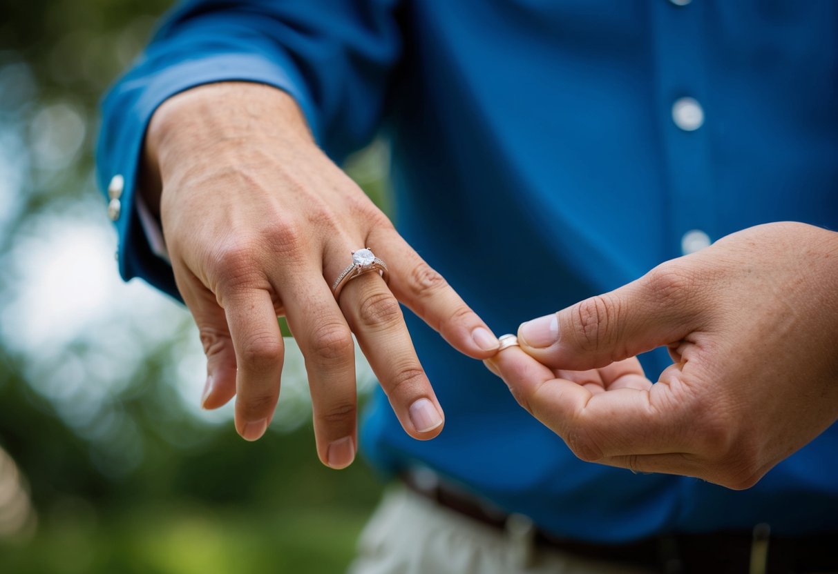 A male hand reaches out, presenting the left ring finger for the wedding band, while the right hand holds the ring, ready to slide it on