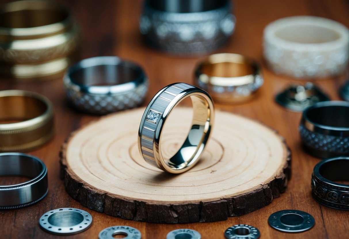 A handcrafted men's wedding band displayed on a wooden surface, surrounded by various metal options and style samples