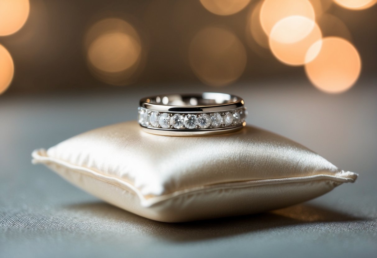A sparkling wedding band rests on a silk cushion, bathed in soft light