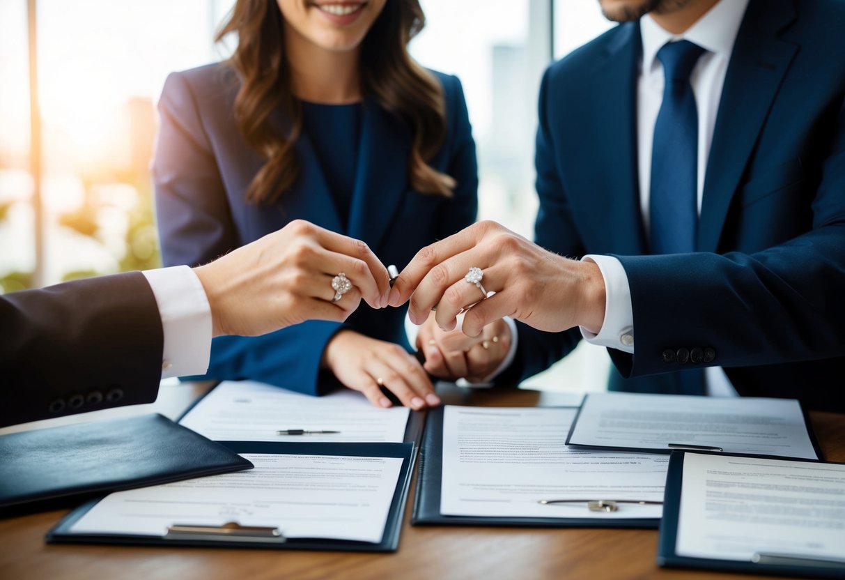 A couple exchanging wedding rings while surrounded by legal documents and a government representative