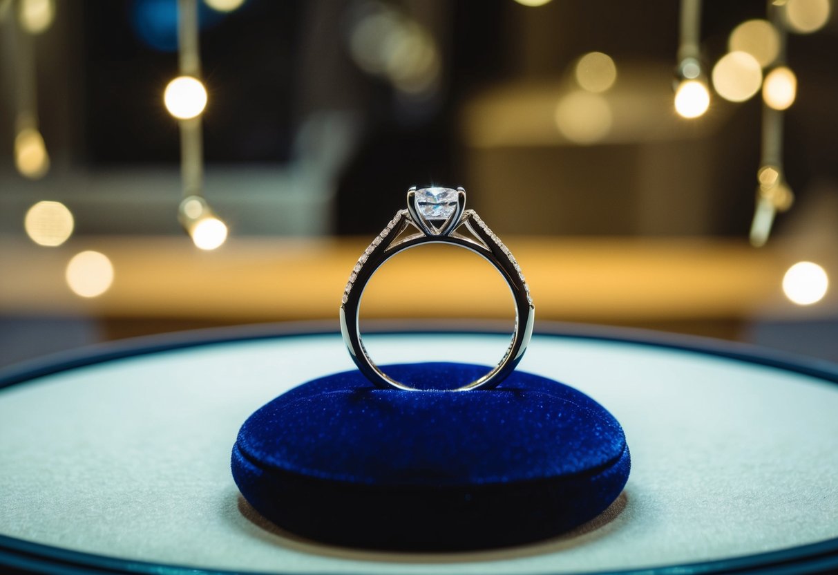 A sparkling wedding band rests on a velvet display cushion, catching the light in a jeweler's showcase