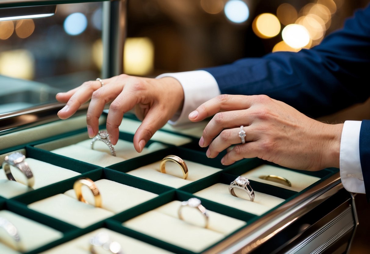 A couple's hands reaching for wedding bands on a jeweler's display case
