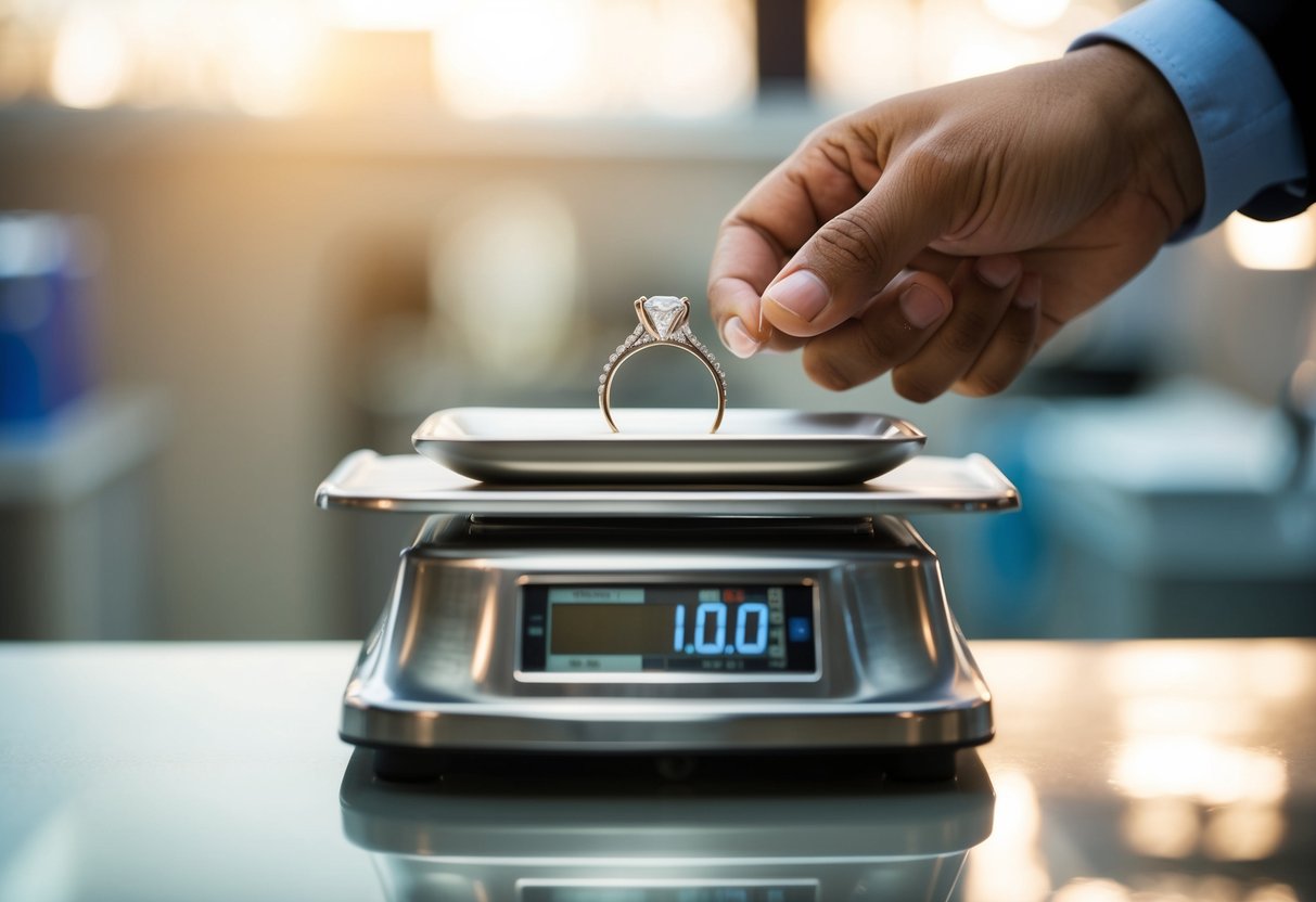 A jeweler weighing a wedding ring on a scale
