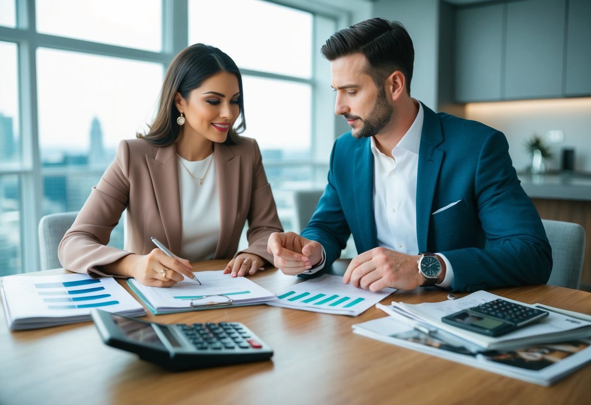A couple sits at a table, reviewing financial documents and discussing wedding ring budget. Calculator and wedding magazines are scattered around them