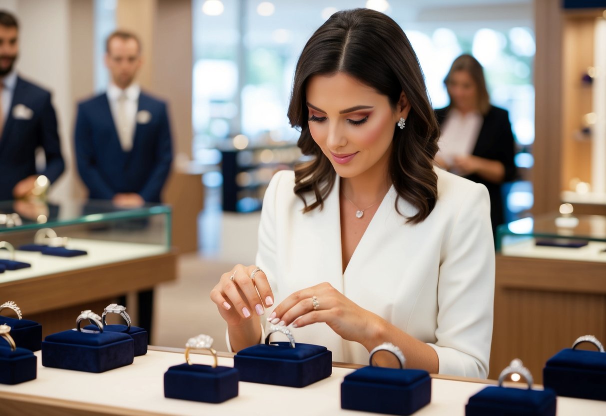 A woman browsing a selection of wedding rings in a jewelry store, carefully examining each one before making a decision
