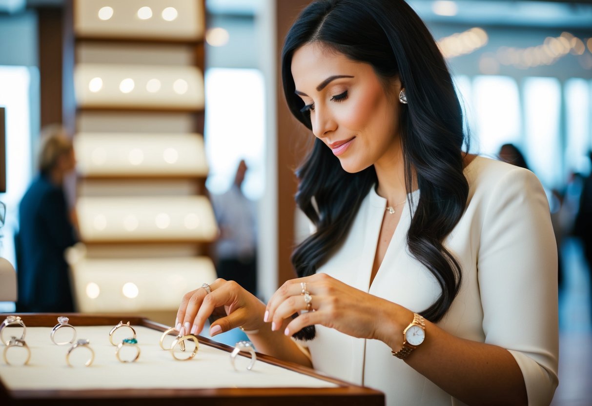 A woman browsing a display of wedding rings, carefully considering her options