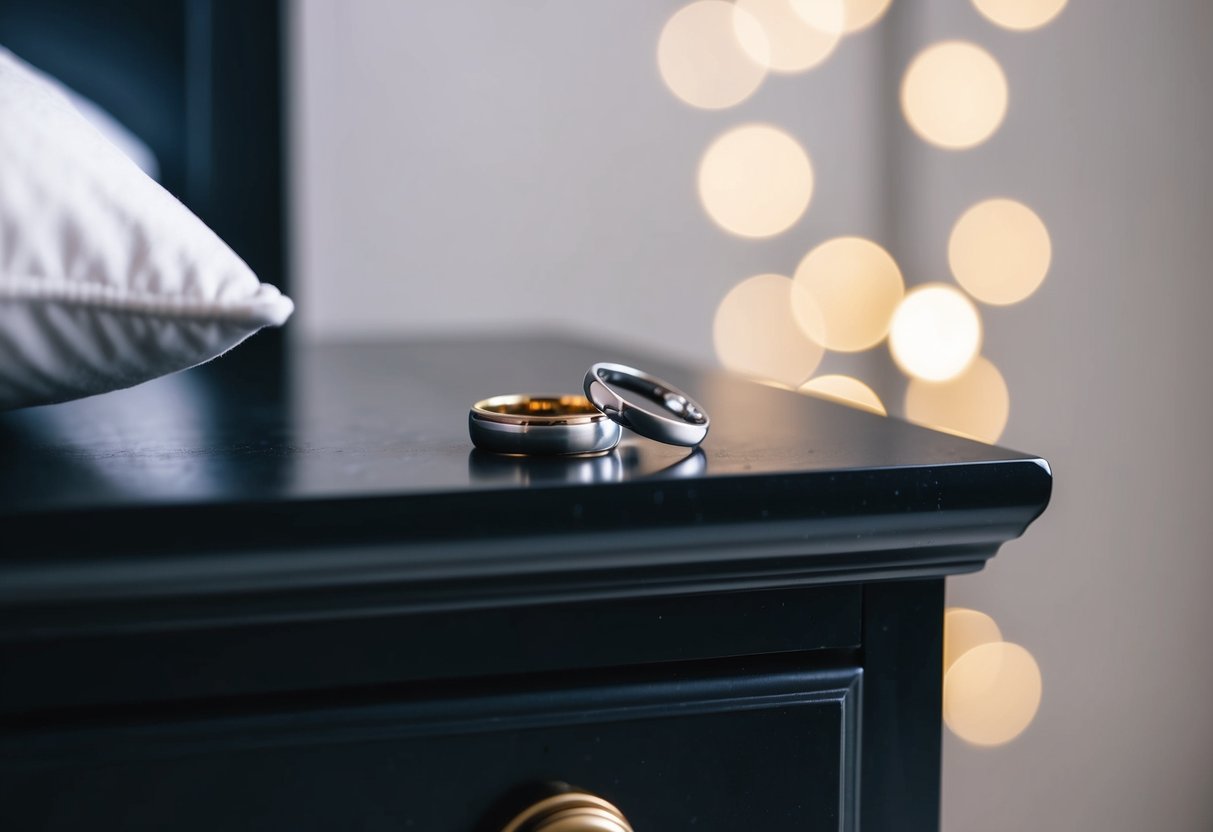 A nightstand with two wedding rings resting on it, one slightly tarnished and the other untouched