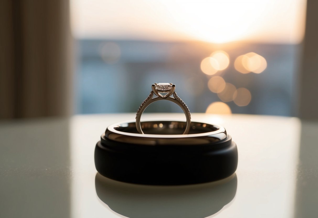 A wedding ring sits abandoned on a bedside table, bathed in soft morning light