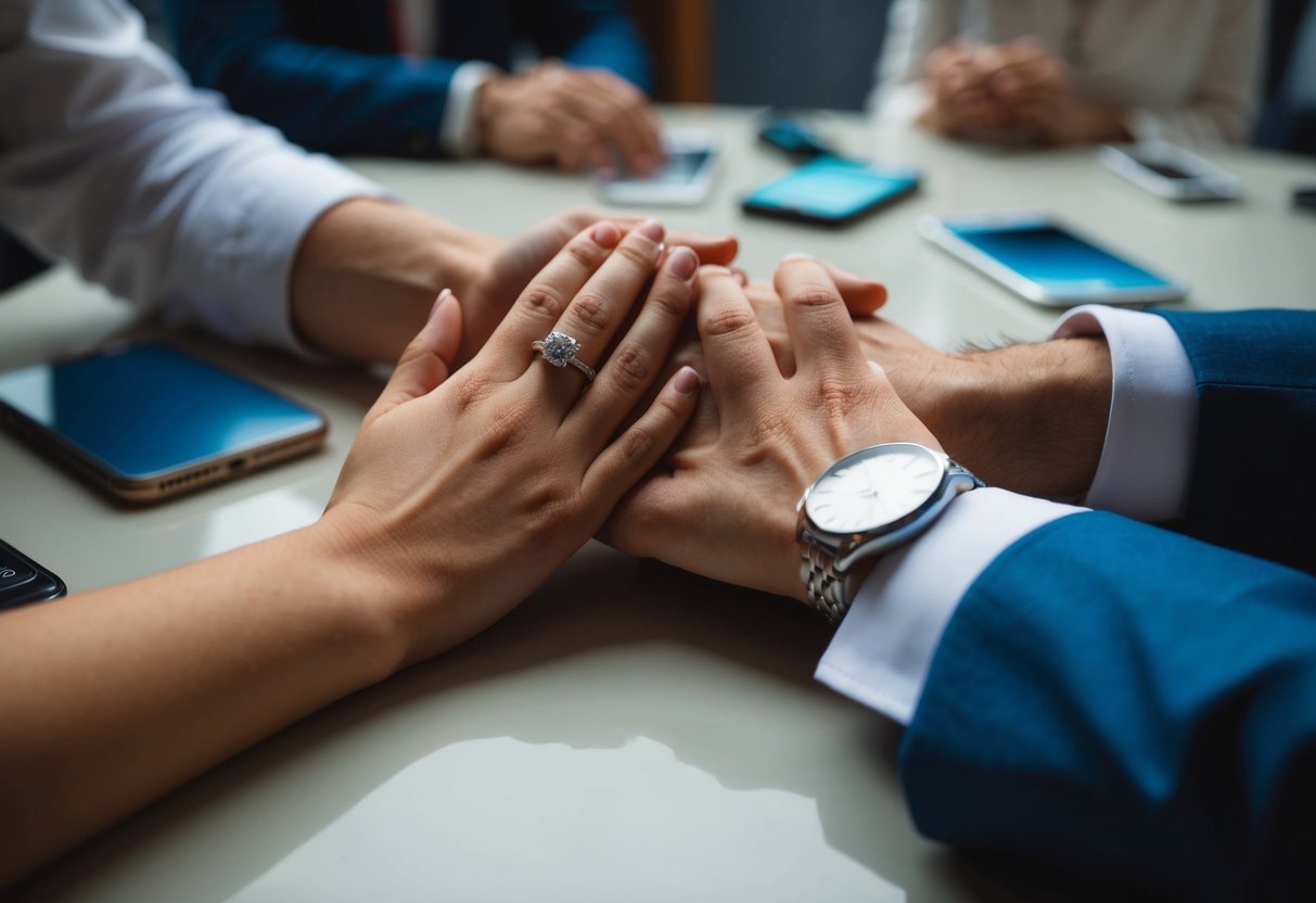 A couple's hands resting on a table, one with a wedding ring, the other without, surrounded by various distractions and a lack of emotional connection