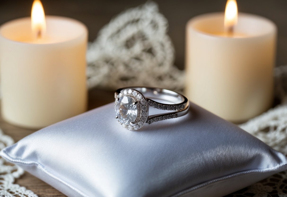 A silver ring sits on a white satin pillow, surrounded by delicate lace and soft candlelight