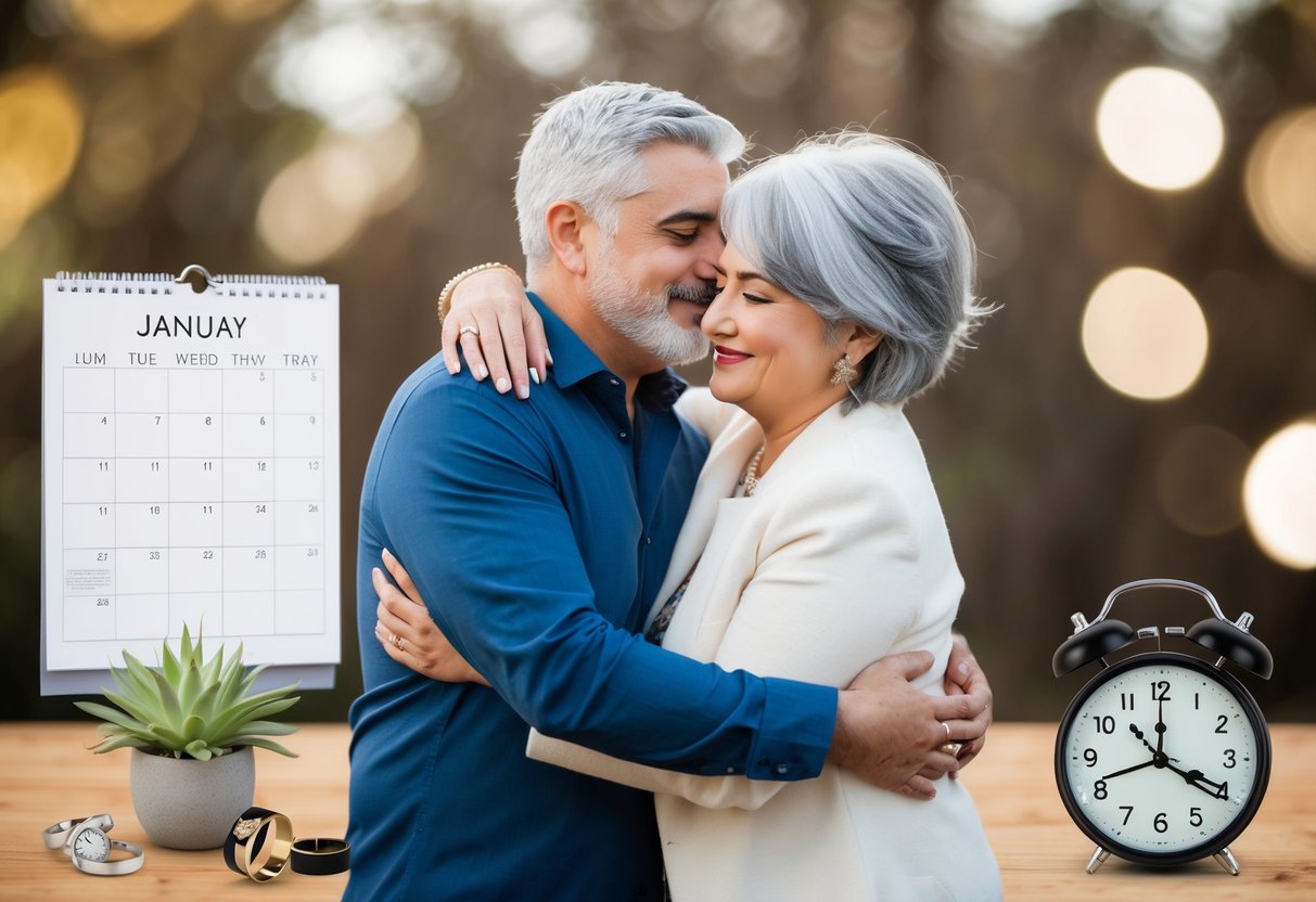A couple embracing with gray hair, surrounded by a calendar, wedding rings, and a clock