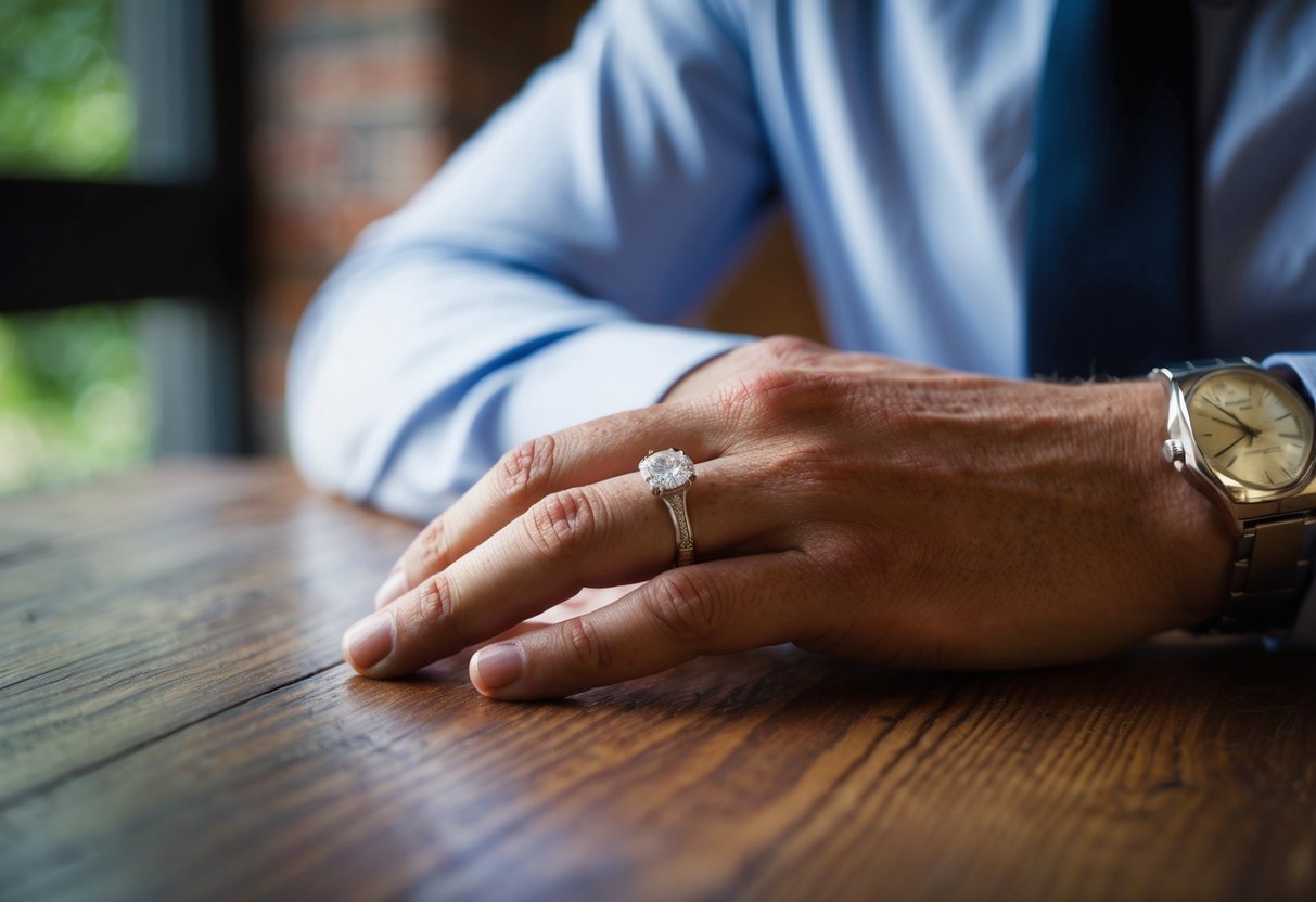 A man's right hand resting on a wooden table, with a wedding ring prominently displayed on his ring finger
